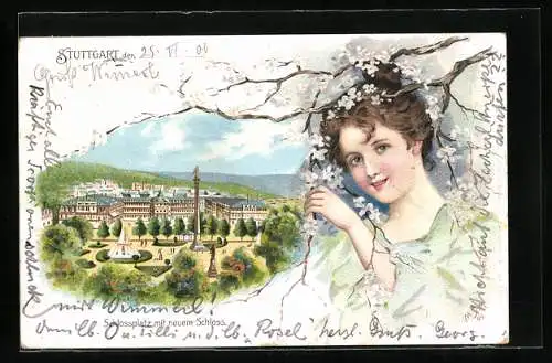 Lithographie Stuttgart, Schlossplatz mit neuem Schloss, Mädchen