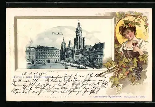 Passepartout-Lithographie Heilbronn, Ortspartie mit der Kirche, Frau mit Wein im Passepartout