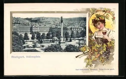 Passepartout-Lithographie Stuttgart, Denkmal und Brunnen am Schlossplatz, Frau mit Wein im Passepartout