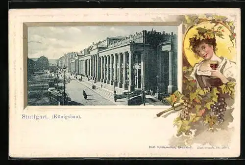 Passepartout-Lithographie Stuttgart, Strassenbahn vor dem Königsbau, Frau mit Wein im Passepartout