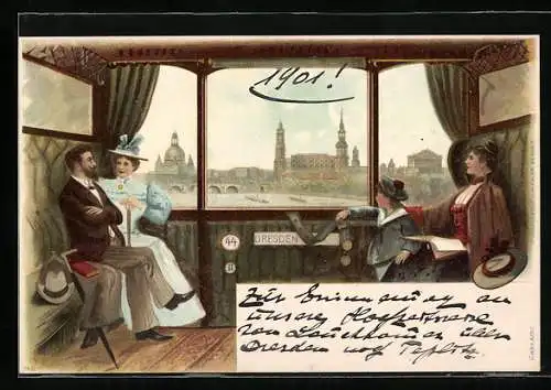 Passepartout-Lithographie Dresden, Uferpartie durch das Fenster im Bahnabteil