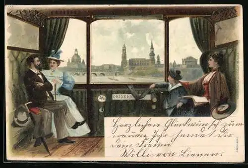 Passepartout-Lithographie Dresden, Uferpartie durch das Fenster im Bahnabteil