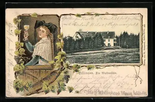 AK Villingen / Baden, Die Waldmühle, Frau geniesst Wein