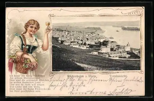 Passepartout-Lithographie Rüdesheim am Rhein, Totalansicht mit Dampfer, Mädchen in Tracht mit Weinglas, Um 1900