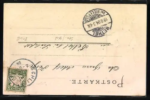 Passepartout-Lithographie Birkenstein, Blick in den Ort mit Hotel, Frau im Trachtekleid