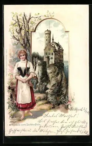 Passepartout-Lithographie Lichtenstein, barfüssiges Mädchen in Tracht mit Blick zur Burg
