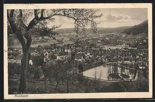 AK Murrhardt, Ortsansicht mit Teich aus der Vogelschau