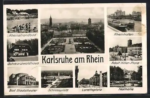 AK Karlsruhe am Rhein, Festhalle, Badisches Staatstheater, Rheinhafen