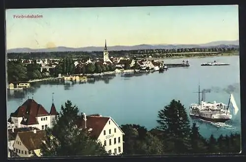 AK Friedrichshafen, Ortsansicht mit Raddampfer