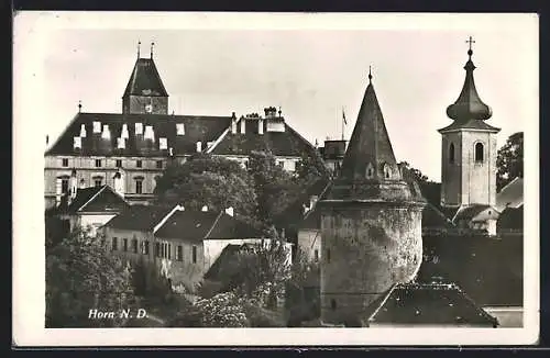 AK Horn /N. D., Ortspartie mit Blick zum Schloss