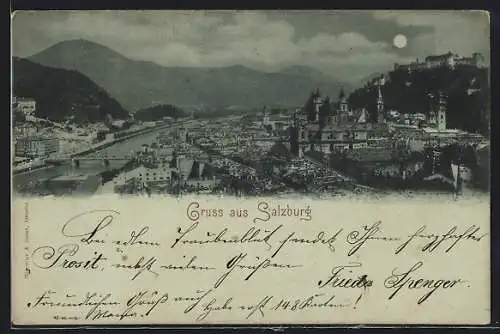 Mondschein-AK Salzburg, Ortsansicht mit Burg bei Vollmond