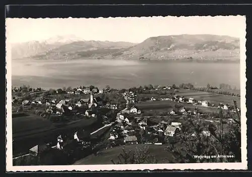 AK Weyregg am Attersee, Ortsansicht mit Kirche aus der Vogelschau