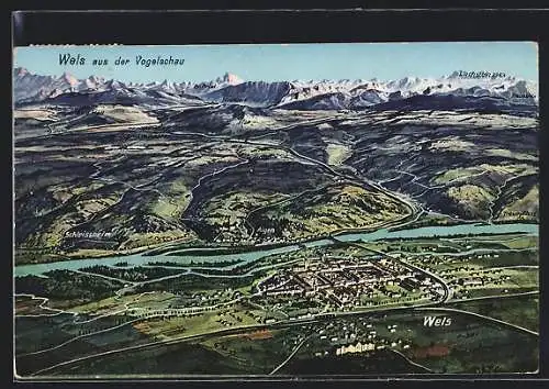 AK Wels, Ortsansicht mit Dachsteingebirge aus der Vogelschau