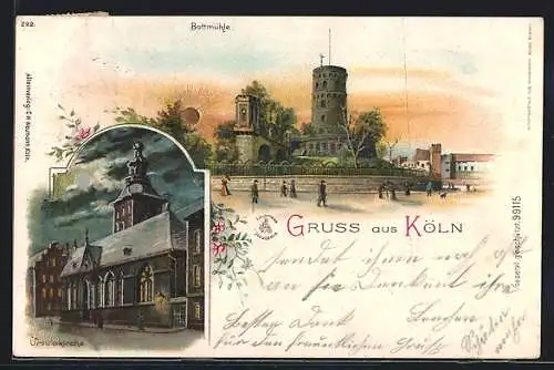 Lithographie Köln / Rhein, Ursulakirche und Bottmühle
