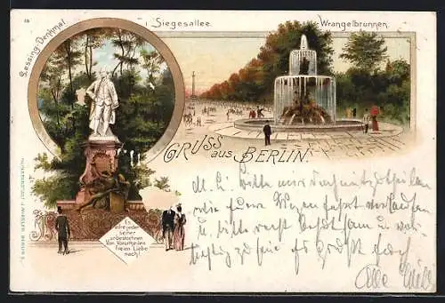 Lithographie Berlin-Tiergarten, Partie am Wrangelbrunnen, Lessing-Denkmal