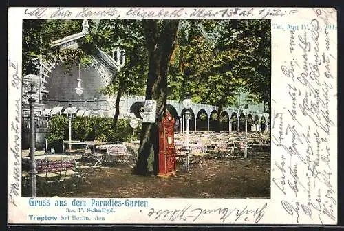AK Berlin-Treptow, Restaurant Paradies-Garten von F. Schallgé