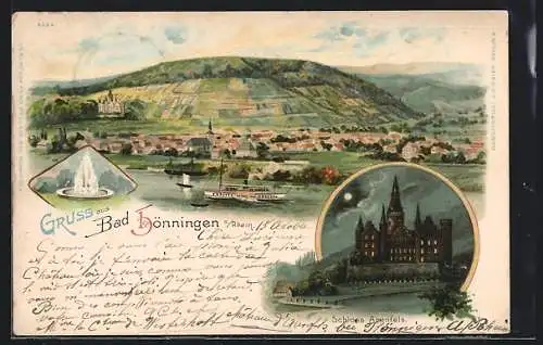 Lithographie Bad Hönningen a. Rhein, Schloss Arenfels, Ortsansicht mit Dampfer