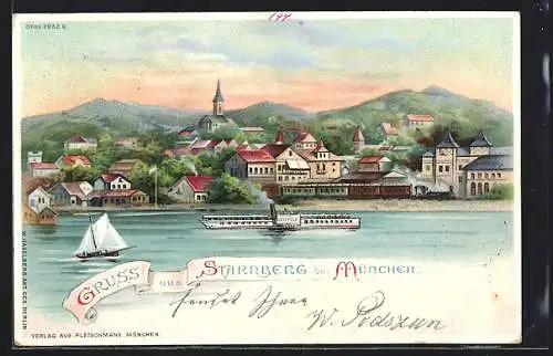 Lithographie Starnberg, Panorama vom Wasser aus, Mondschein