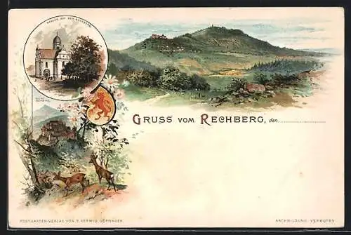 Lithographie Schwäbisch Gmünd, Ruine Rechberg, Kirche auf dem Rechberg
