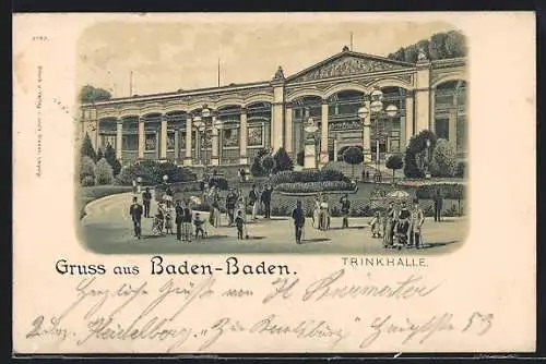 Lithographie Baden-Baden, Partie an der Trinkhalle