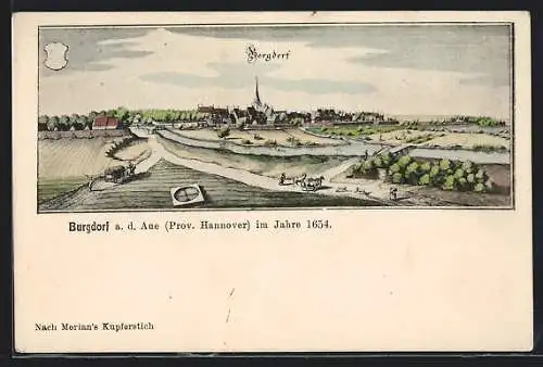 Künstler-AK Burgdorf a. d. Aue, Ortsansicht im Jahre 1654 nach Merian