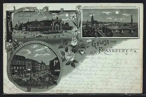 Mondschein-Lithographie Frankfurt a. M., Hauptbahnhof, Zeil, Ortsansicht aus der Vogelschau