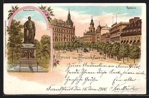 Lithographie Frankfurt a / M., Goethe Denkmal, Rossmarkt