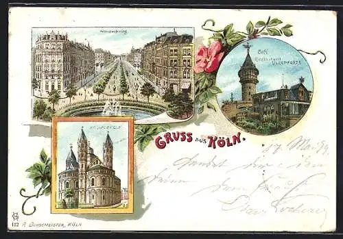 Lithographie Köln-Neustadt, Café-Restaurant Ulrepforte, Hohenstaufenring, St. Aposteln