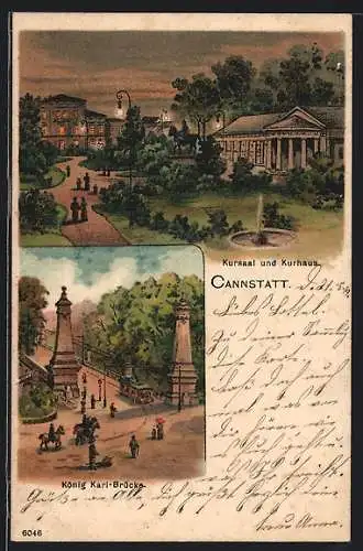 Lithographie Cannstatt, Kursaal und Kurhaus am Abend, König Karl-Brücke mit Strassenbahn