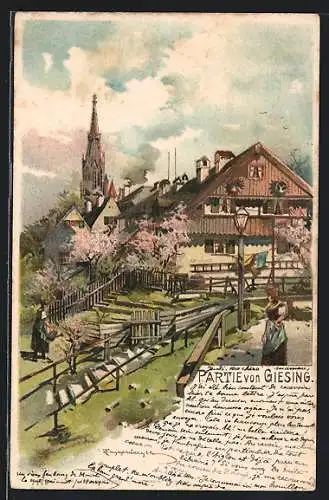 Künstler-AK Theodor Guggenberger: München-Giesing, Ortspartie im Frühling