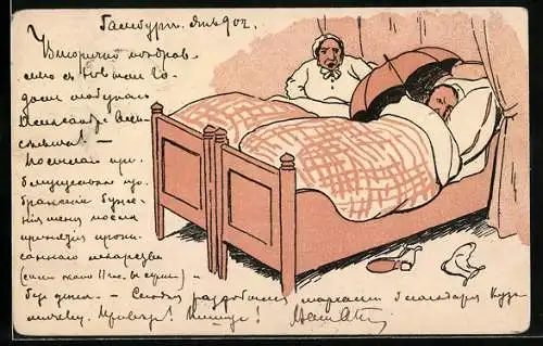 Künstler-AK Mann versucht sich mit einem Schirm vor dem Gemecker seiner Frau zu schützen