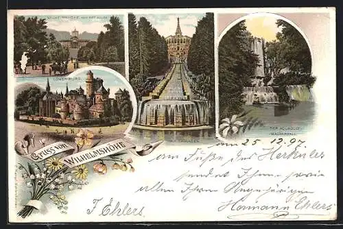 Lithographie Kassel, die Wilhelmshöhe, Cascade, der Aquaduct Wasserfall, die Löwenburg