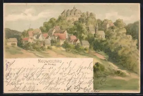 Künstler-AK Neuweilnau / Taunus, Ortspanorama mit Schloss