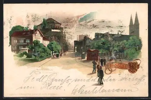 Lithographie Goslar, Das Hotel zum Achtermann, mit Achtermann`s Thurm