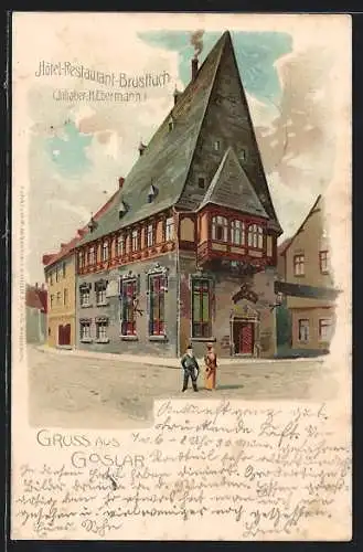 Künstler-AK Goslar, Pärchen vor dem Hotel-Restaurant-Brusttuch Ebermann