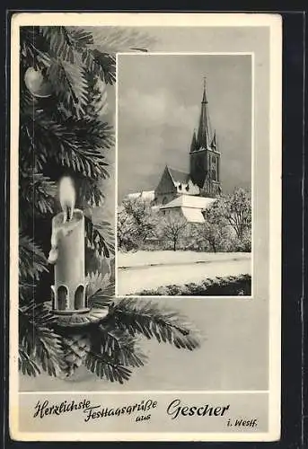 AK Gescher i. Westf., Blick zur Kirche im Schnee, weihnachtliches Passepartout