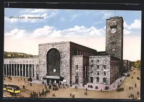 AK Stuttgart, Hauptbahnhof, Vorplatz mit Strassenbahn