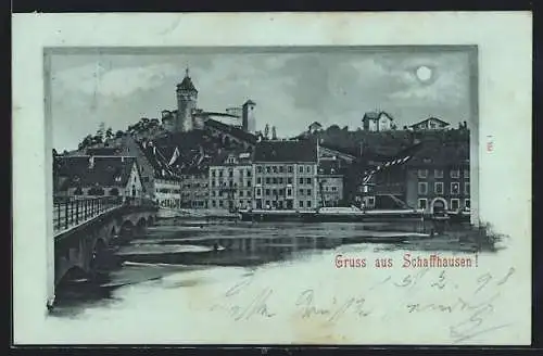 Mondschein-AK Schaffhausen, Uferpartie mit Burg und Brücke