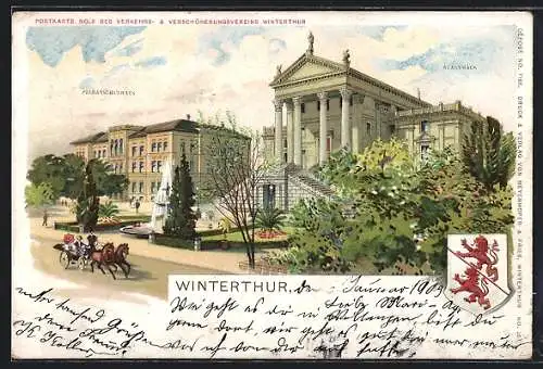 AK Winterthur, Primärschulhaus und Stadthaus mit Kutsche