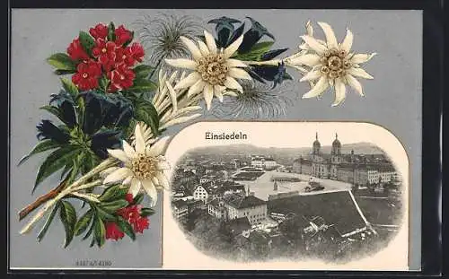 Passepartout-Lithographie Einsiedeln, Gesamtansicht mit Kloster, Blumenstrauss mit Edelweiss