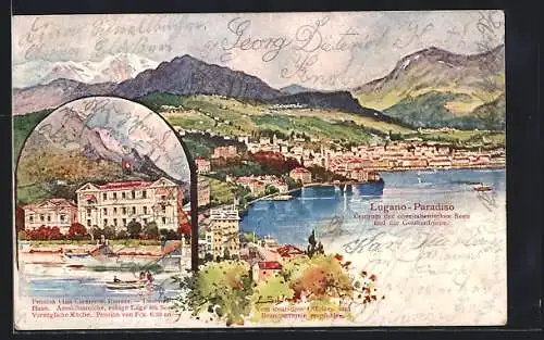 Künstler-AK Lugano-Paradiso, Pension Villa Carmen und Gesamtansicht