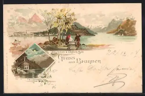 Lithographie Brunnen, Gesamtansicht, Tellskapelle