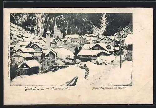 AK Goeschenen /Gotthardbahn, Teilansicht mit Kirche im Schnee