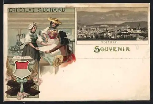 Lithographie Soleure, Blick auf die Stadt, Reklame für Chocolat Suchard
