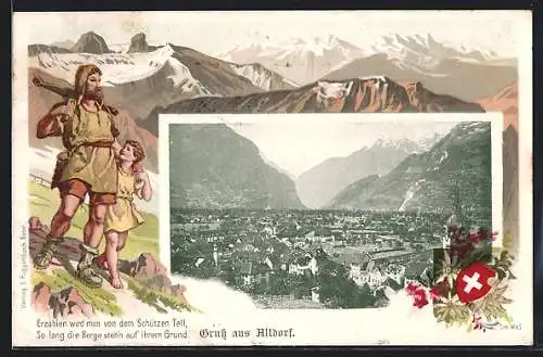 Lithographie Altdorf, Passepartout mit Wilhelm Tell