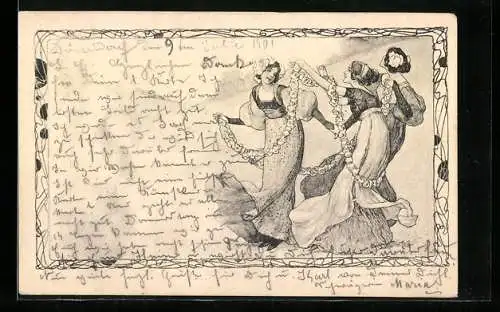 Künstler-AK Drei Frauen mit Blumenkette, Jugendstil