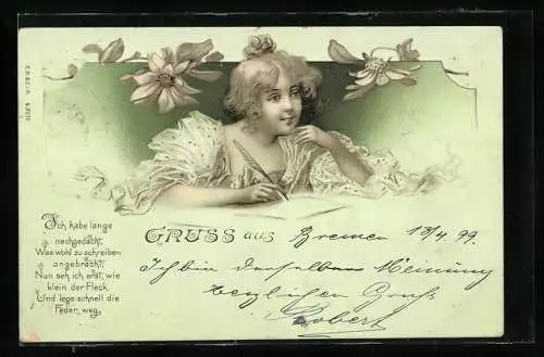 AK Junge Dame schreibt einen Brief, Jugendstil