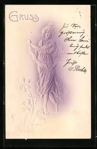 Präge-AK Frau in griechischem Gewand, Jugendstil