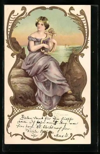 AK Junge Frau im Kleid spielt Lyra, Jugendstil