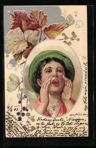 Lithographie Jufende Maid und Brombeeren